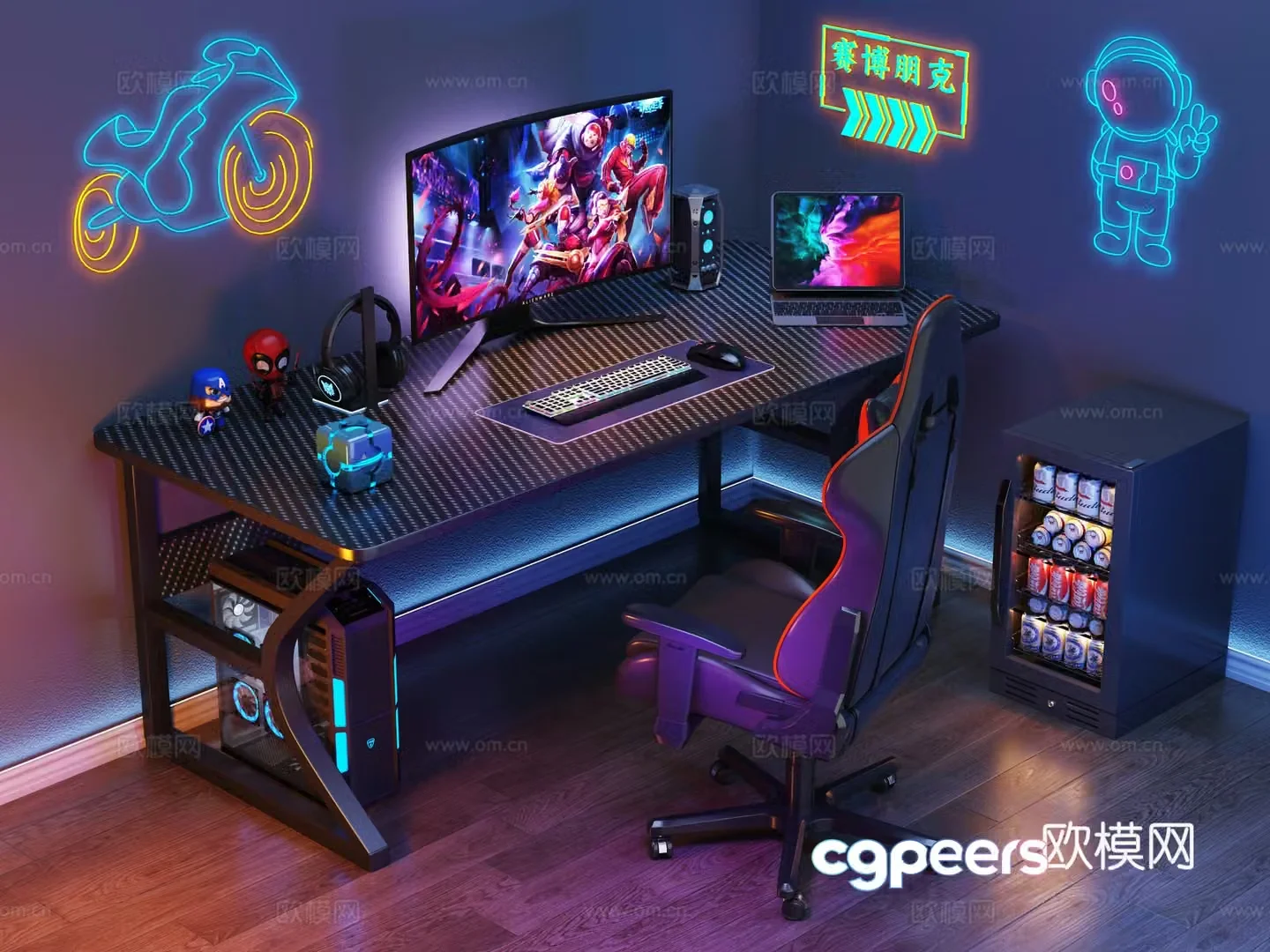 Modern desk and chair e-sports table and chair computer desk e-sports room computer ornament combination decorative lamp 3D model