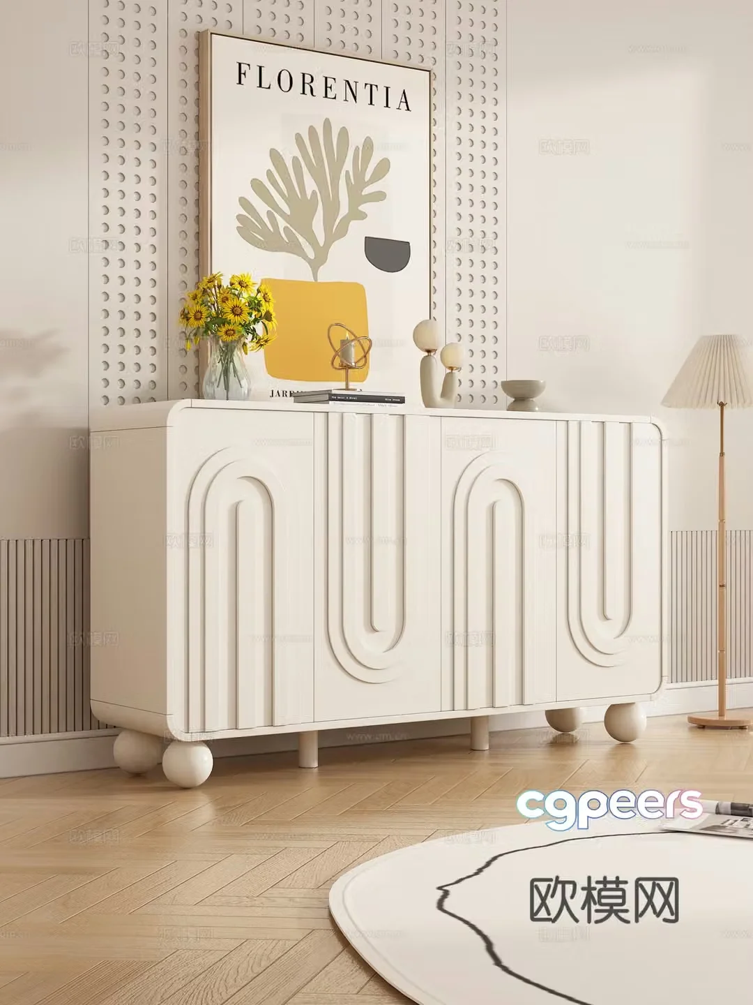 Creamy sideboard vase ornament combination decorative painting book 3d model