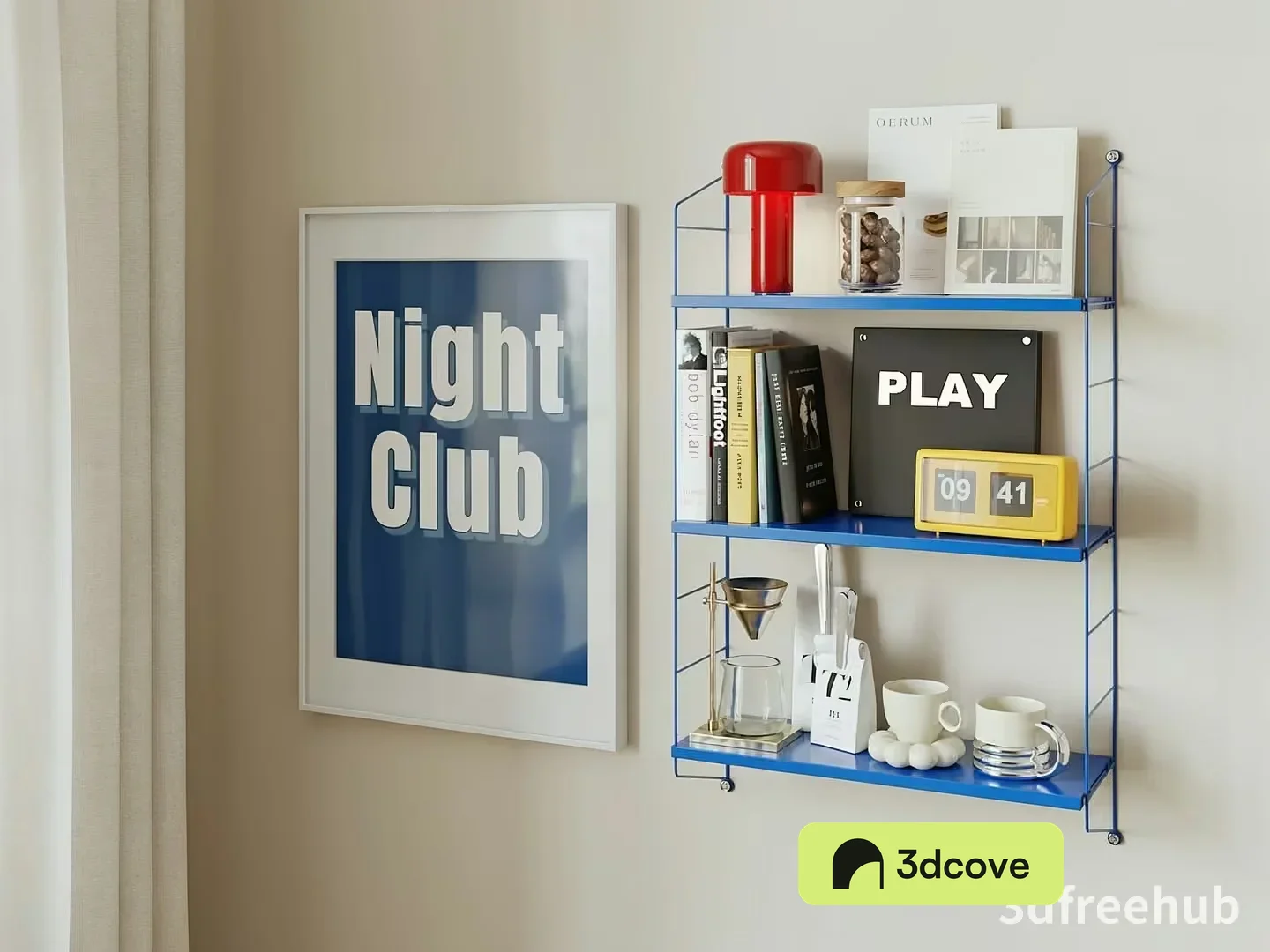 Blue Metal Shelves With Various Items On Them