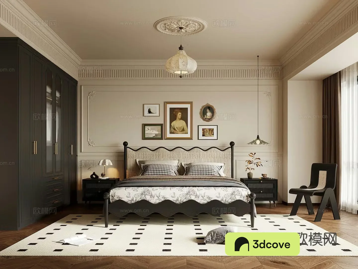 Home bedroom French retro style bedroom Double bed nightstand wardrobe