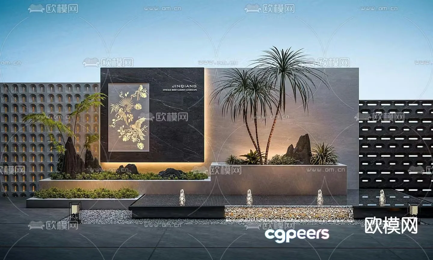 Courtyard landscape stacked water feature wall 3D model
