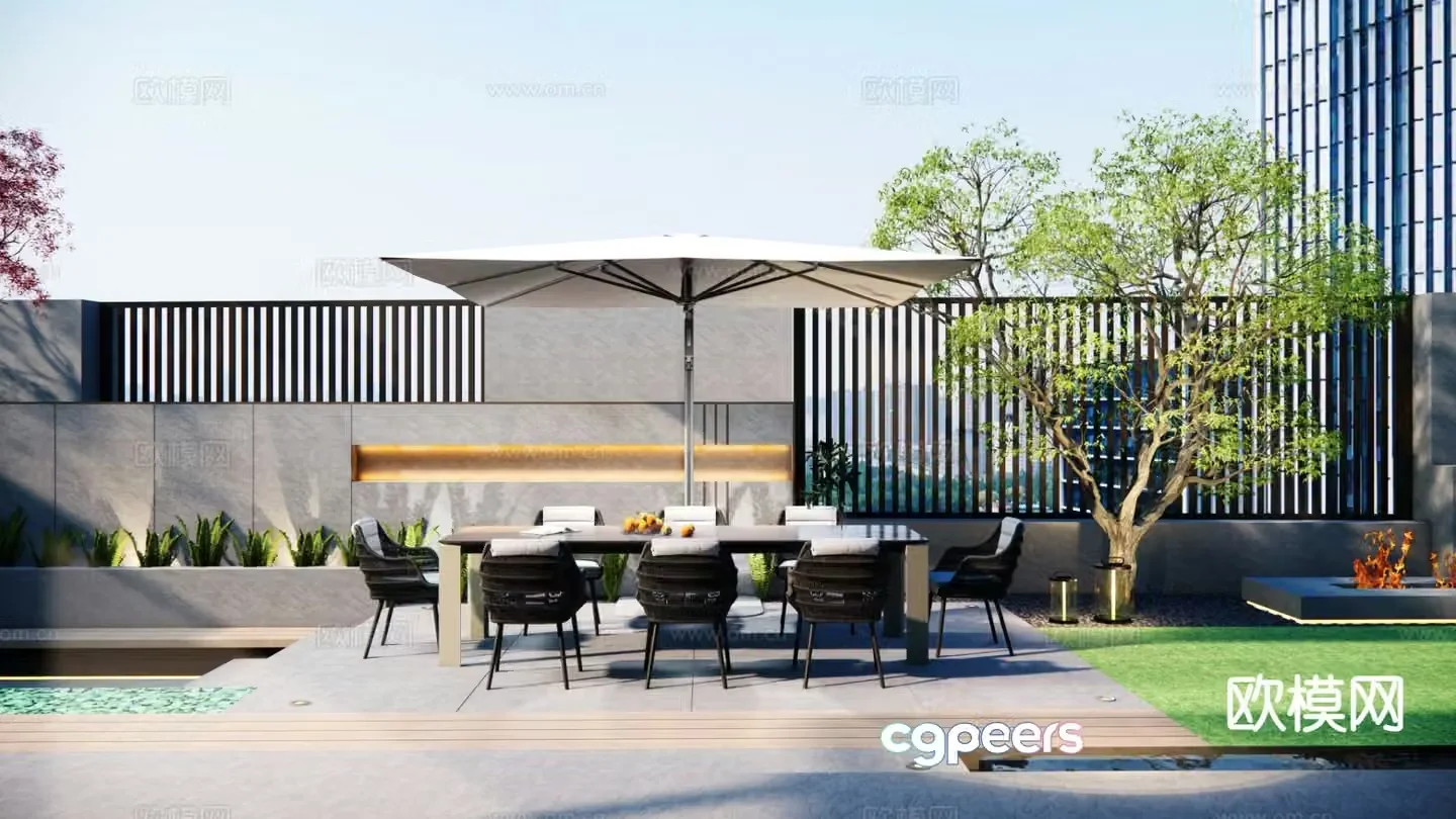 Courtyard tables and chairs outdoor dining tables and chairs one table and eight chairs square umbrella sunshade 3D model