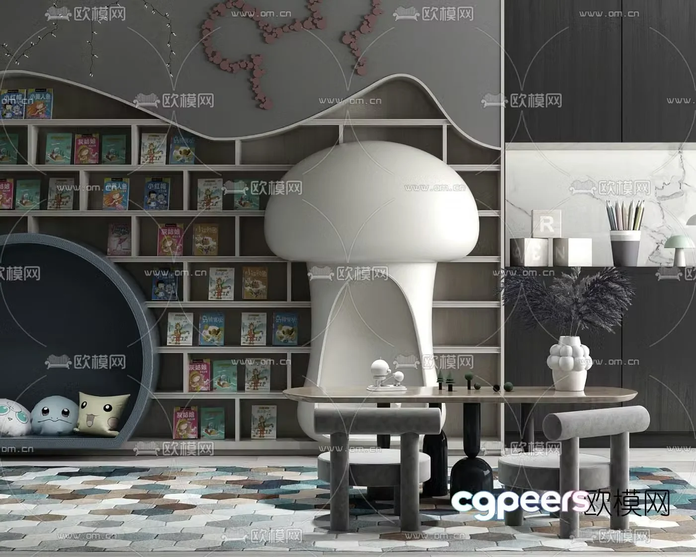 Modern children’s desk chair and bookshelf 3d model