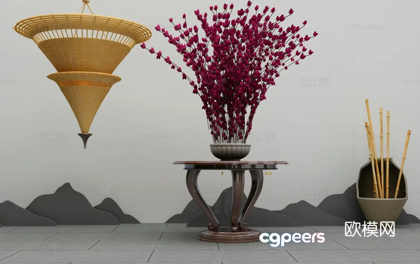 Zen Chinese style lobby table hanging dry branches 3D model