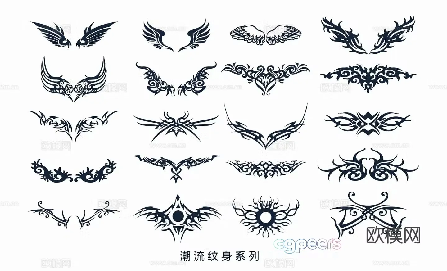 Trendy tattoo black and white wings butterfly bird tattoo totem pattern 3d model