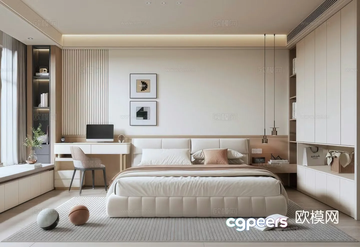 Modern Italian master bedroom home bedroom wardrobe decorative painting background wall double bed bay window mat 3d model
