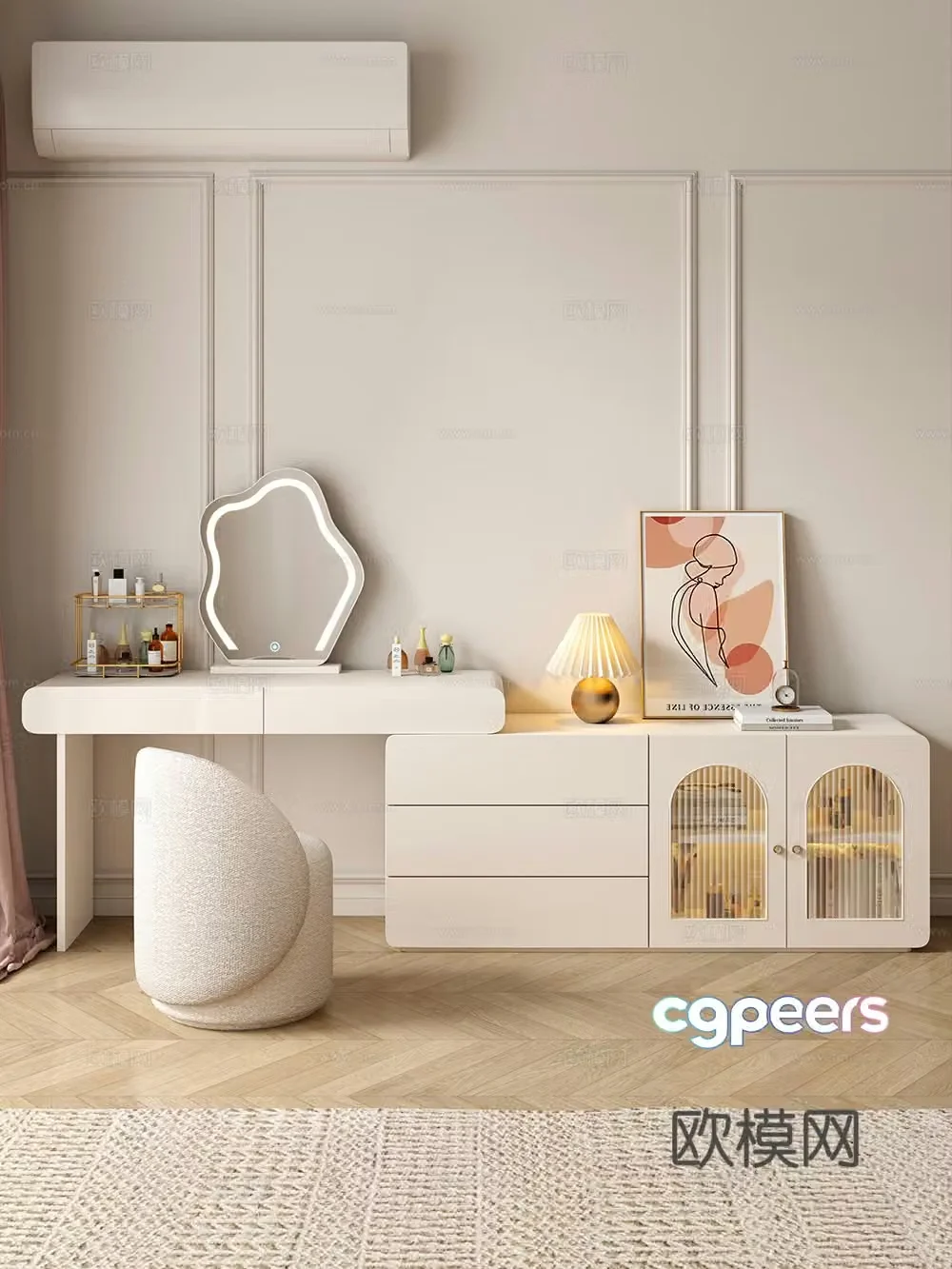 Cream style dressing table makeup stool combination dressing table makeup stool mirror decoration hanging painting 3D model