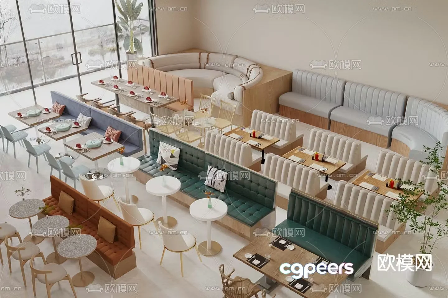 Card seat sofa curved card seat commercial dining table and chairs 3D model