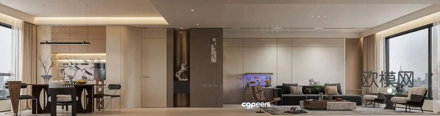 Modern living and dining room 3d model