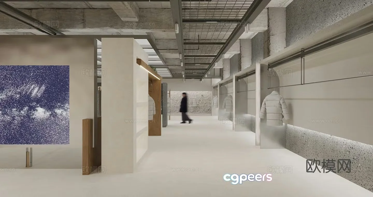 Industrial style clothing store exhibition hall loan or live broadcast room model curved sofa clothing shelf 3D model