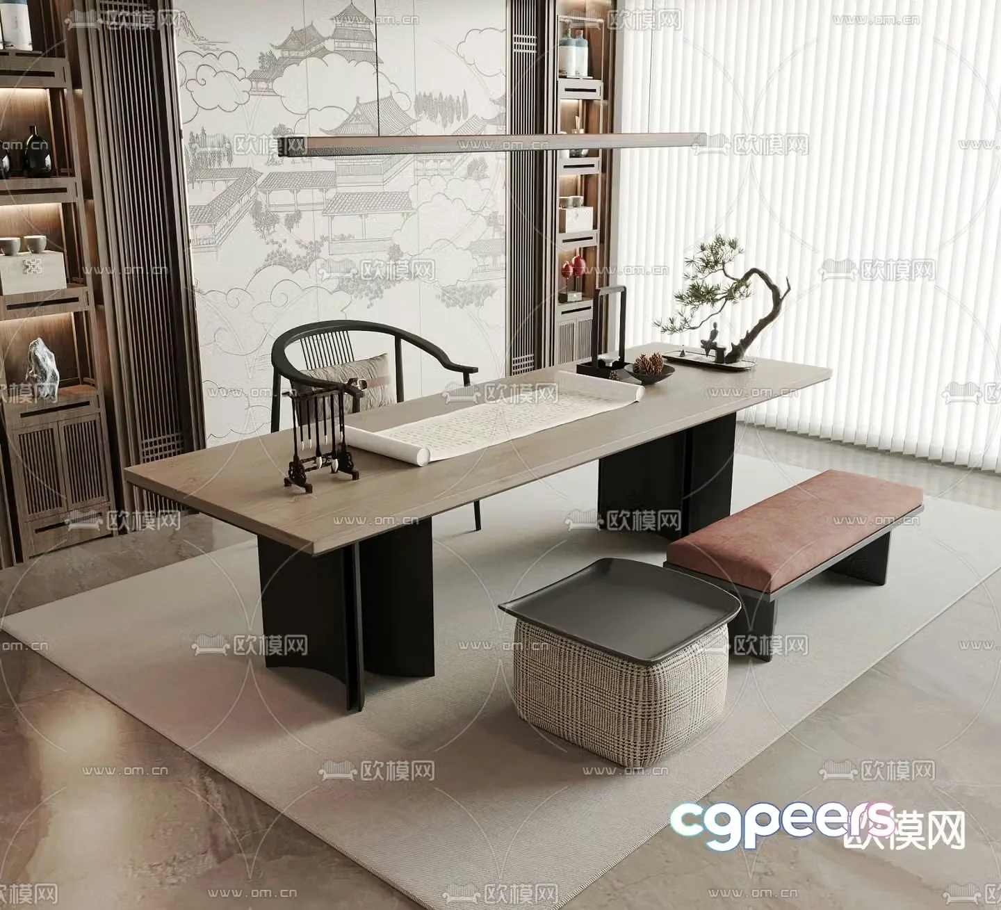 New Chinese style desk and chair calligraphy table 3d model