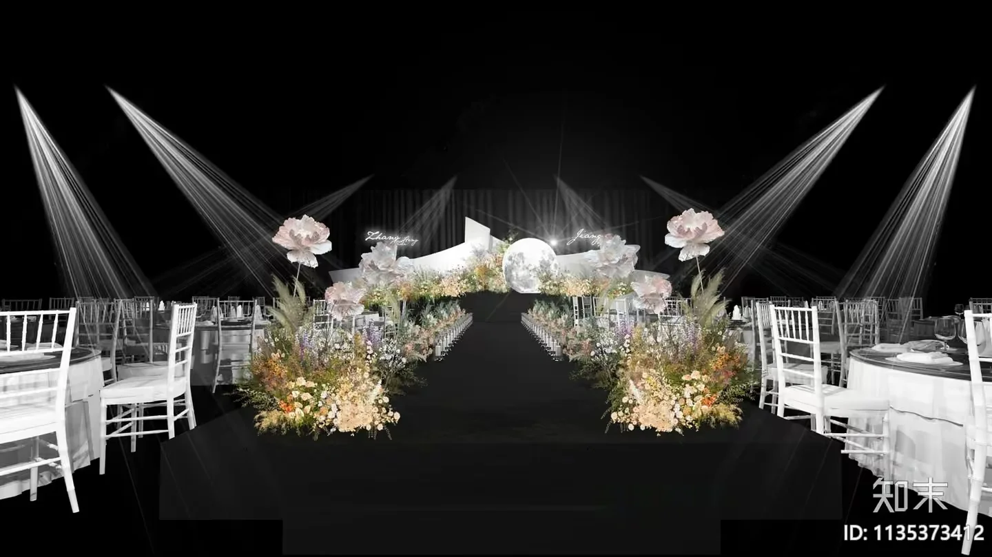 A Stage With A Floral Arrangement And White Chairs 3D Model – 14060 – VRAY Render