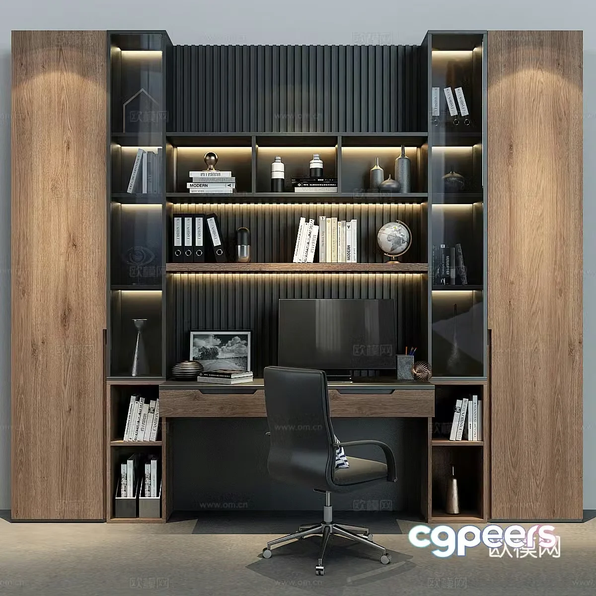 3d model of desk chair and cabinet