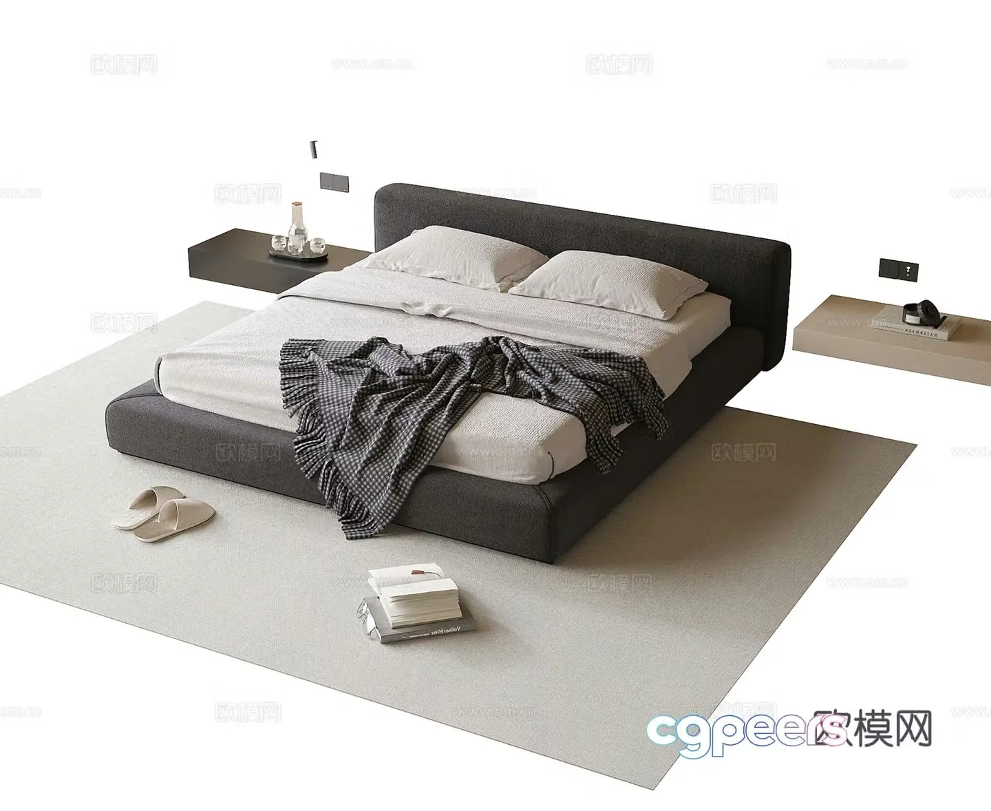 Modern double bed nightstand carpet 3d model