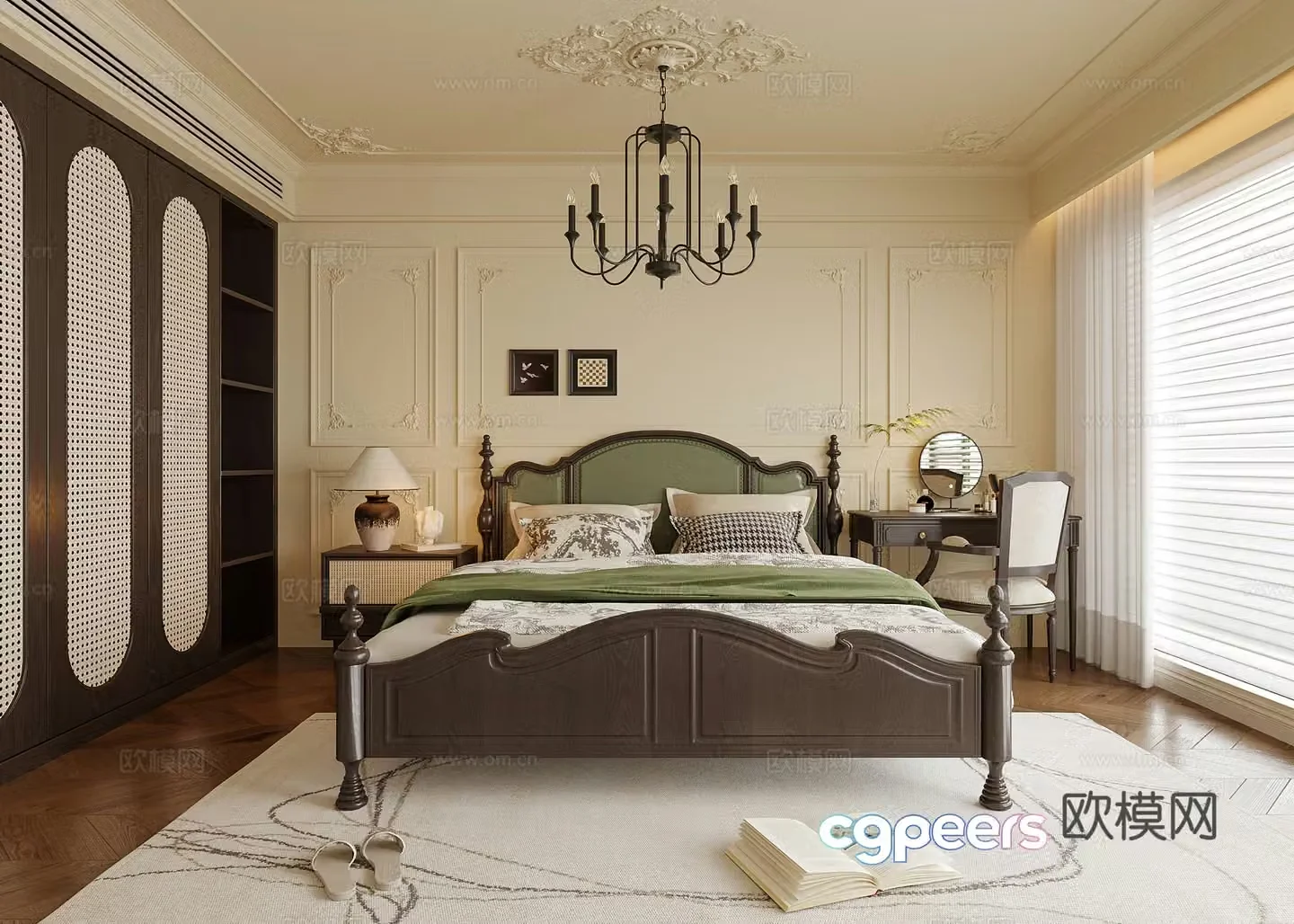 American style bedroom double bed nightstand bedroom chandeliers 3d model