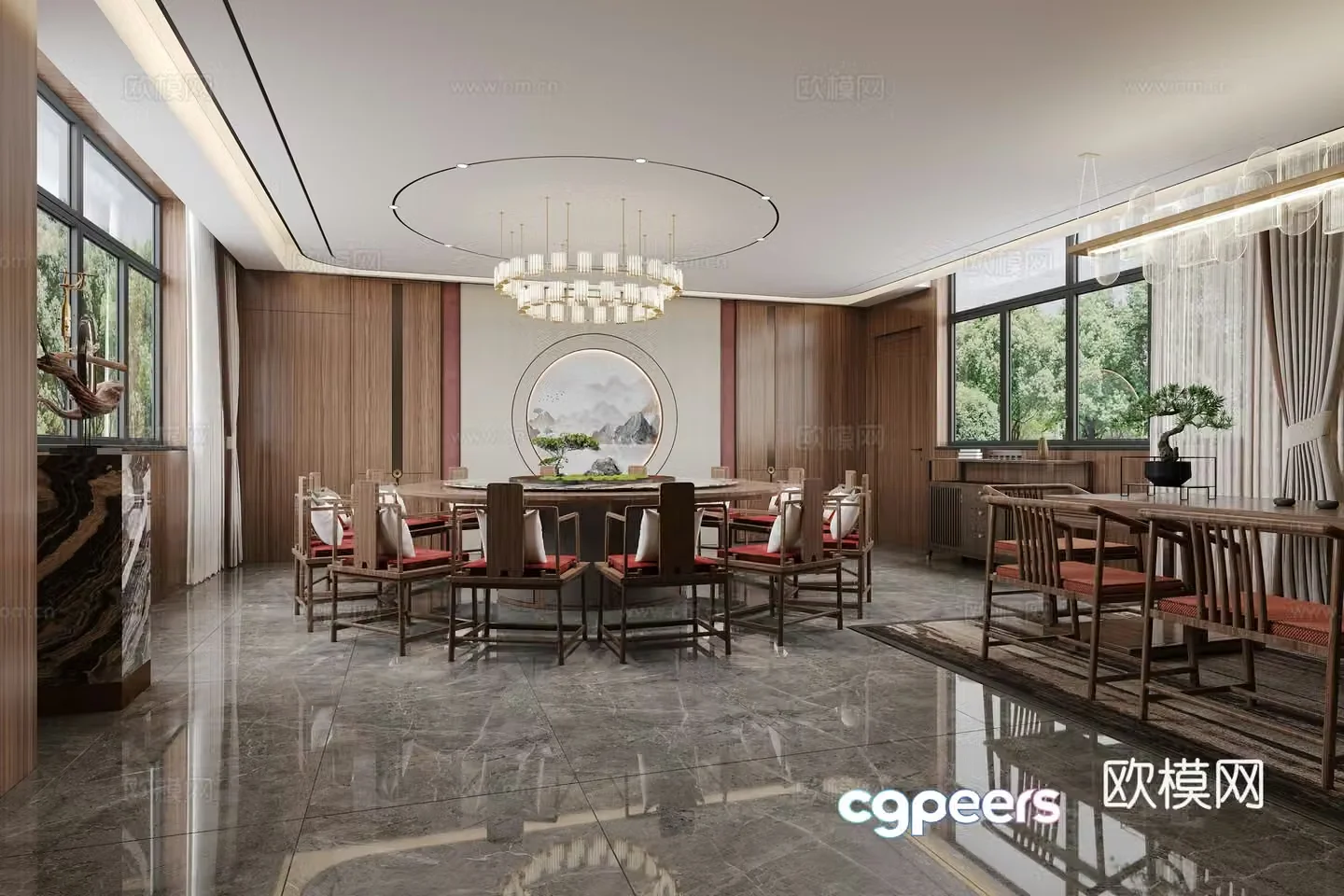 New Chinese restaurant round table dining chair hotel private room 3D model