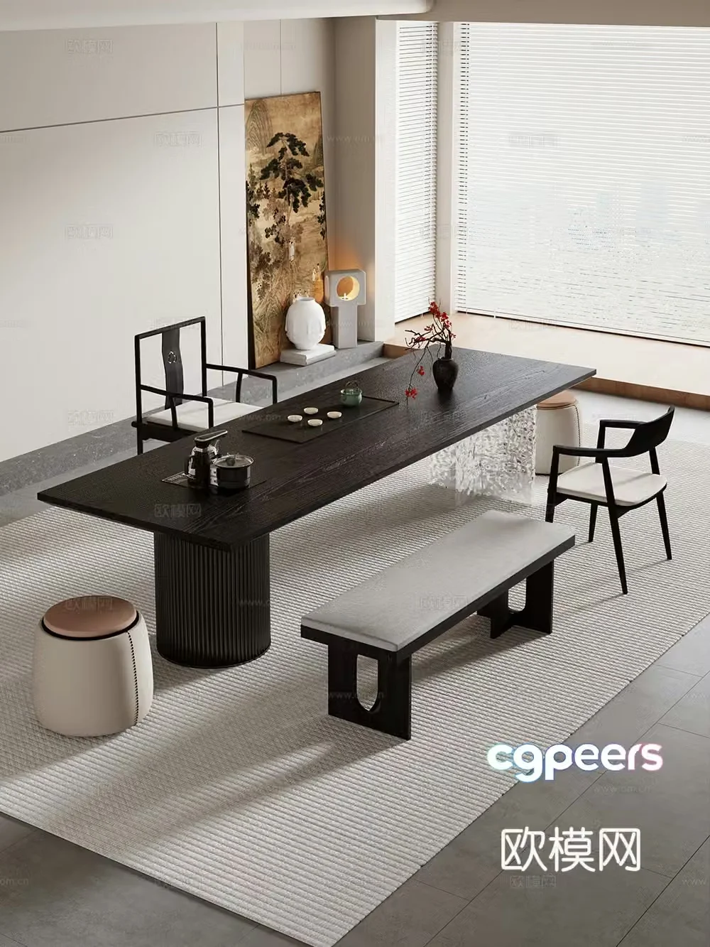 Creamy large plate table tea table and chair combination tea table tea table tea room tea table balcony tea table 3D model
