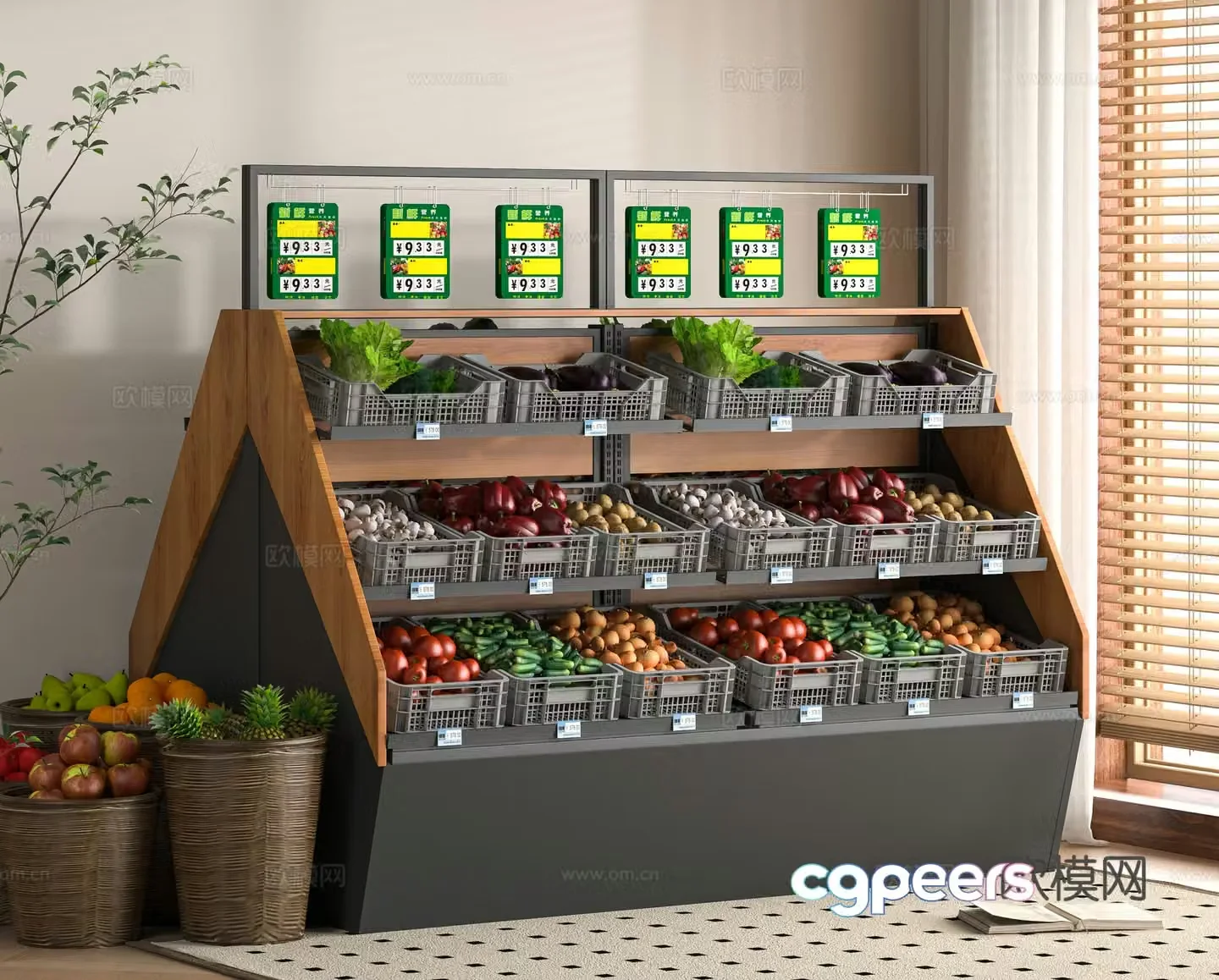 Modern fresh fruits and vegetables shelves 3D model