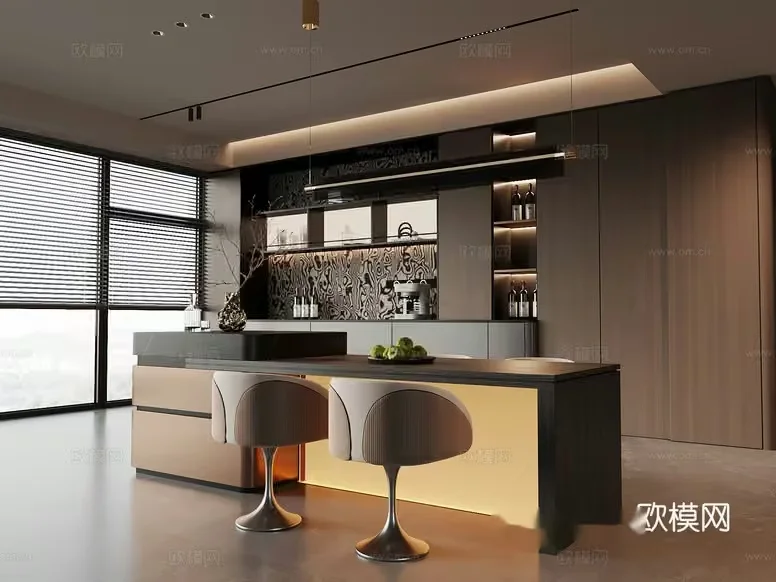 Modern Kitchen With Stools 3D Model – 21050 – VRAY Render