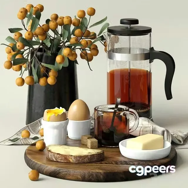 3ds Max Free – decorative set_06 (eggs, bread, butter, tea)