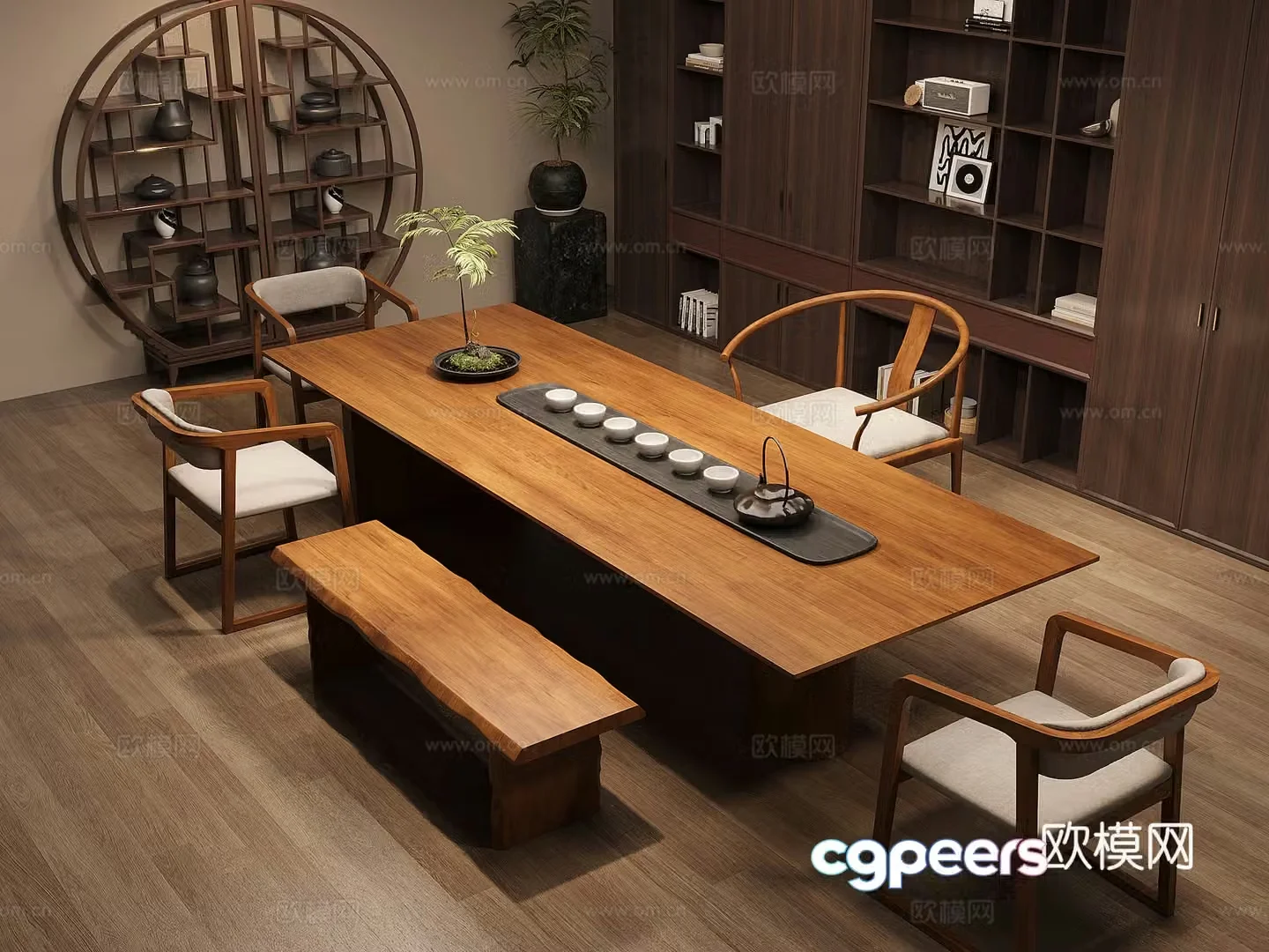 New Chinese-style solid wood tea table and chair combination large board table tea table solid wood storage cabinet tea cabinet 3D model