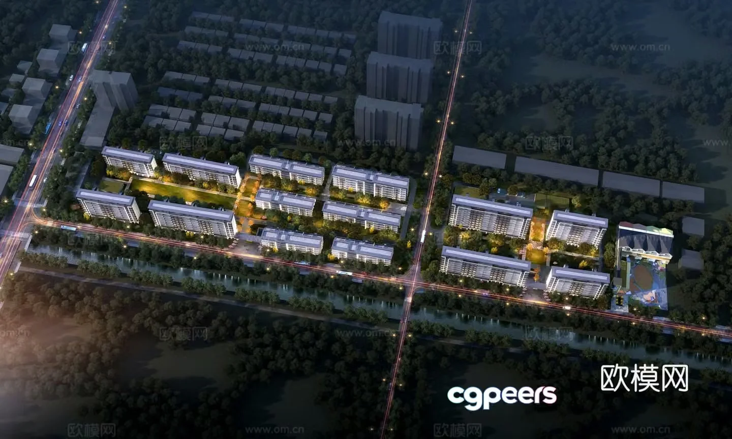 Residential community bird’s eye view night view 3D model