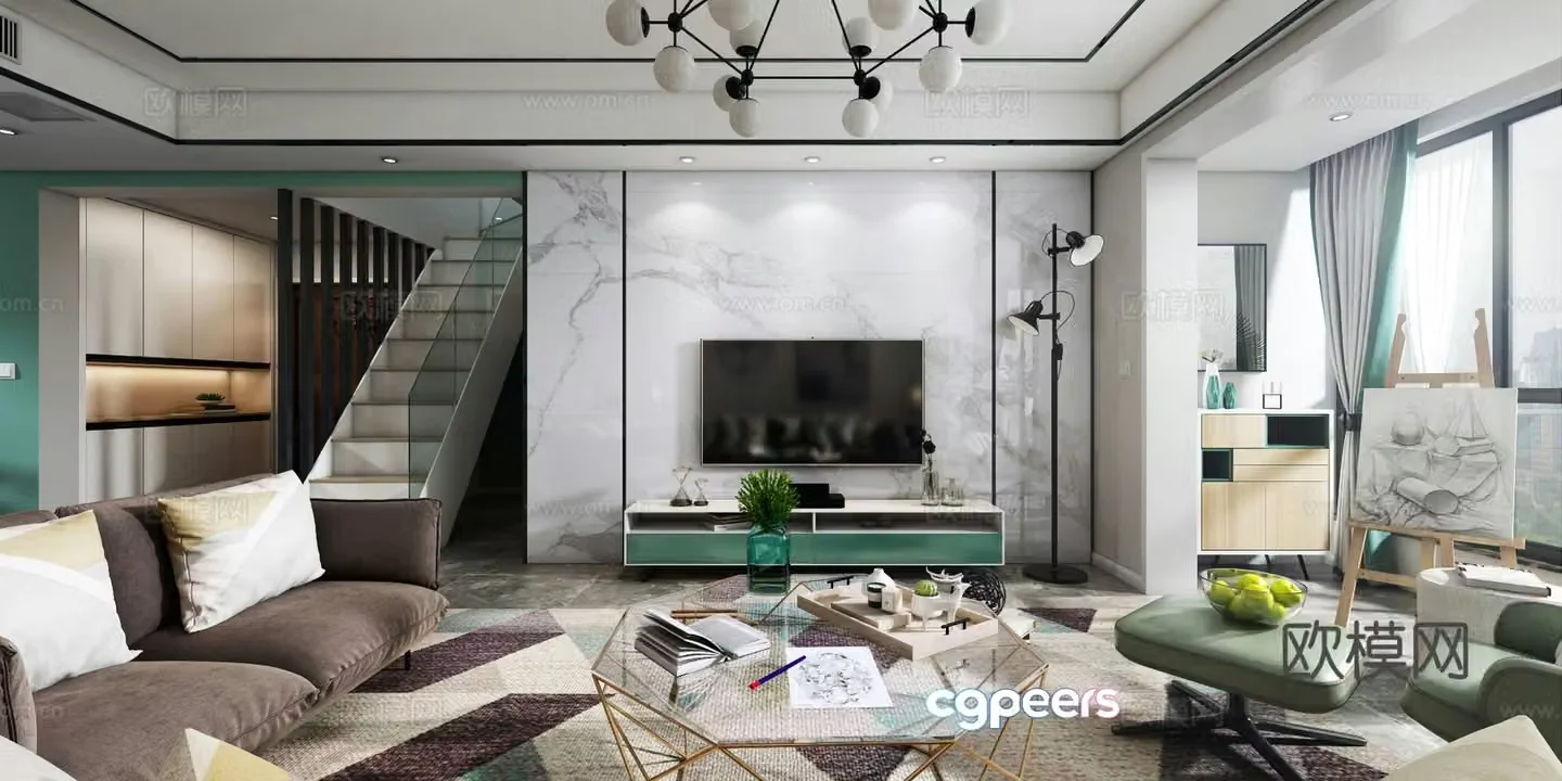 Nordic modern living room dining room sofa coffee table TV cabinet dining table chair 3d model