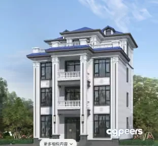 A Large White Building With A Blue Roof 3D Model – 7365 – VRAY Render