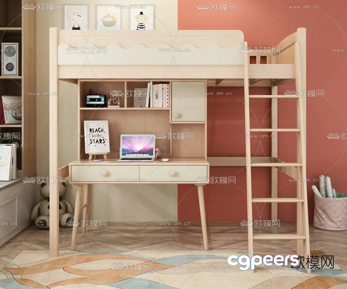 Nordic log children’s bed desk 3D model