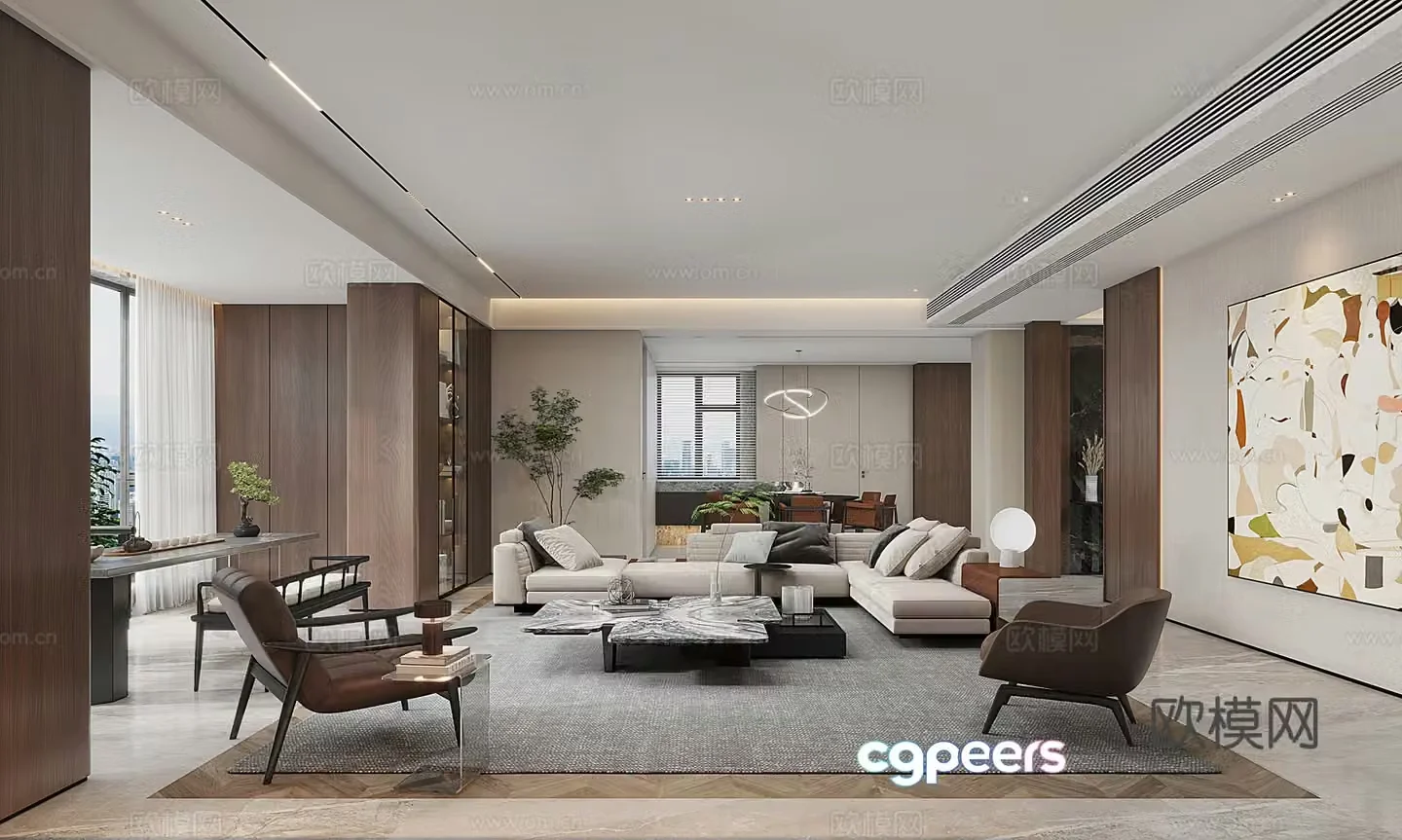 Modern living and dining room with large flat floor 3D model