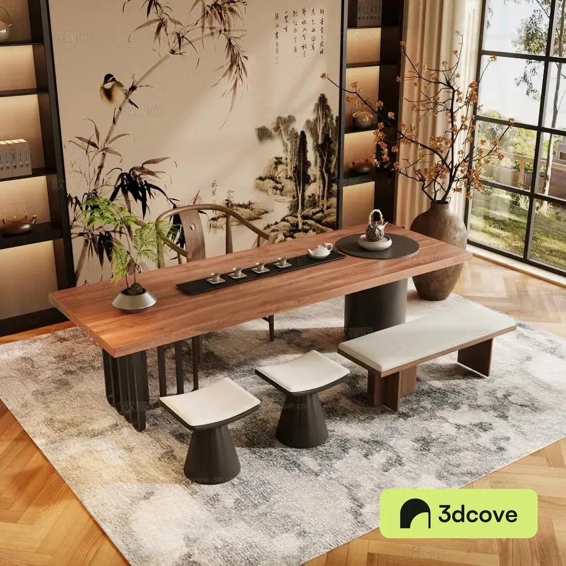 New Chinese style Zen tea room solid wood tea table and chair combination solid wood tea table and chair tea room cabinet tea room background
