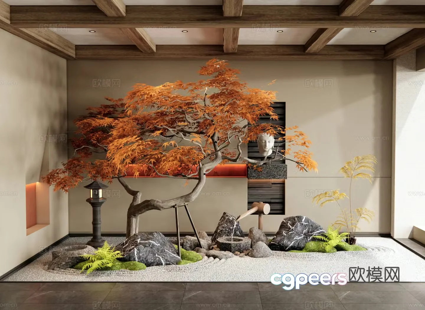 New Chinese-style interior landscape landscape garden sketches Dead landscape red maple landscape tree stone 3d model