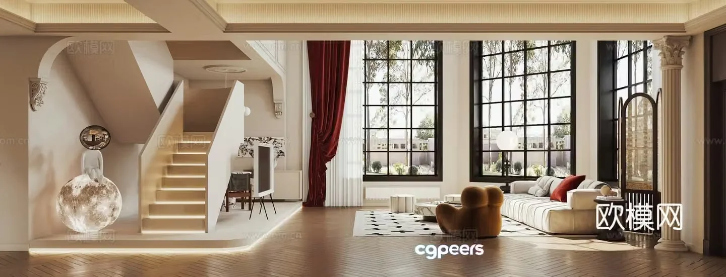 French villa living room stairs sofa and coffee table combination light luxury living room corner stairs moonlight 3d model