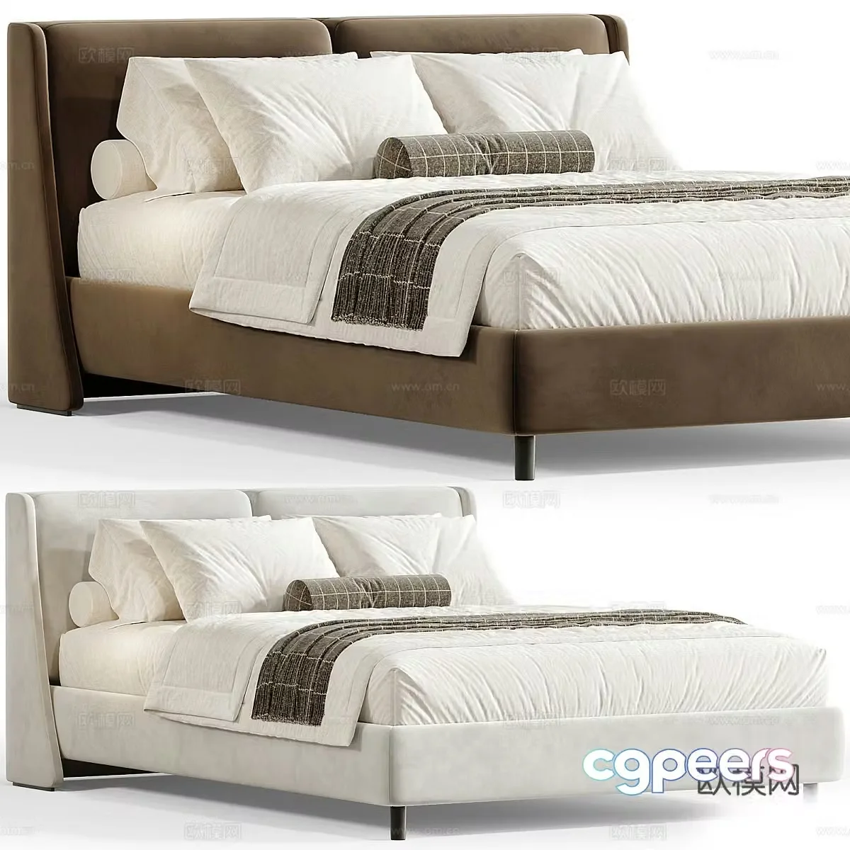 Modern cream style fabric double bed 3d model