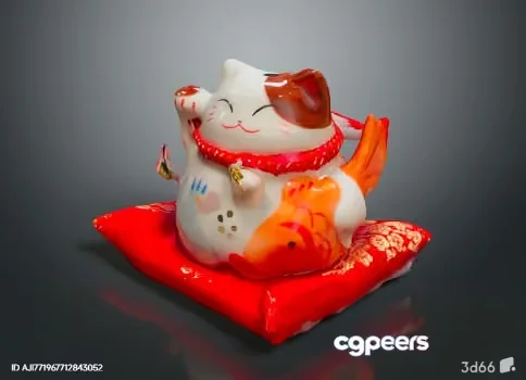 A Ceramic Cat Figurine With A Red Pillow 3D Model – 19167 – VRAY Render