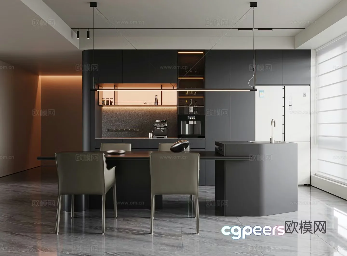 Italian minimalist restaurant dining table and chair combination island dining table single chair leather dining chair sideboard 3D model