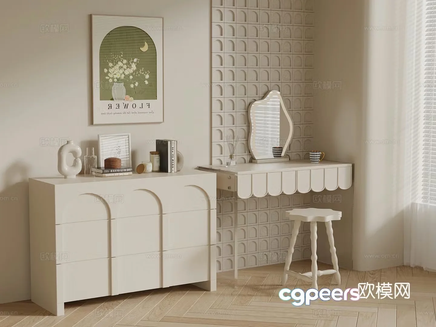 Dressing table modern cream style dressing table entrance cabinet 3d model