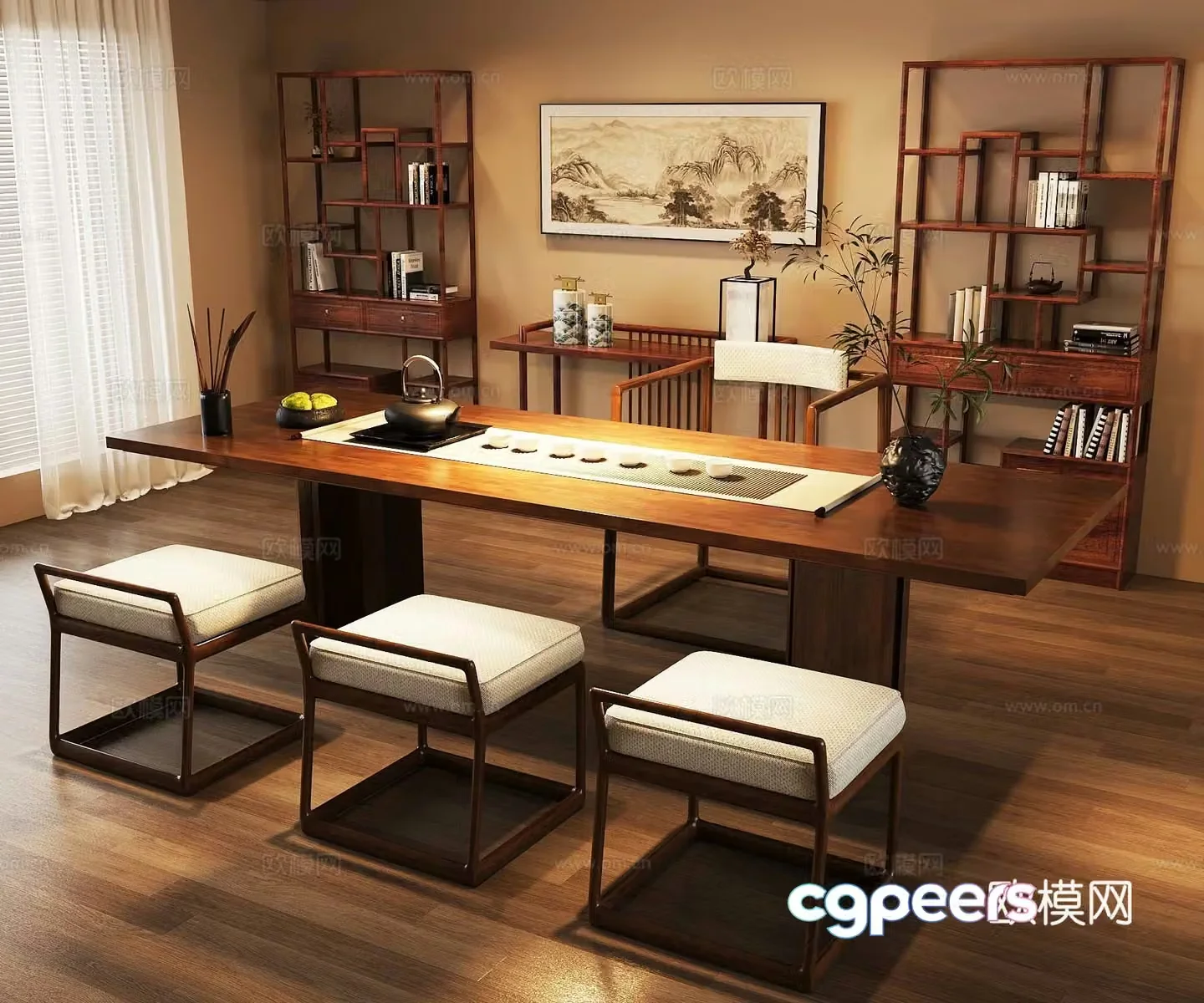 New Chinese-style tea room solid wood tea table and chair ancient shelf tea set 3D model