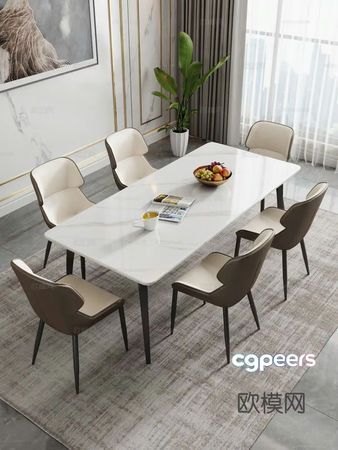Modern restaurant dining table and chair combination rock table hanging painting decoration 3d model