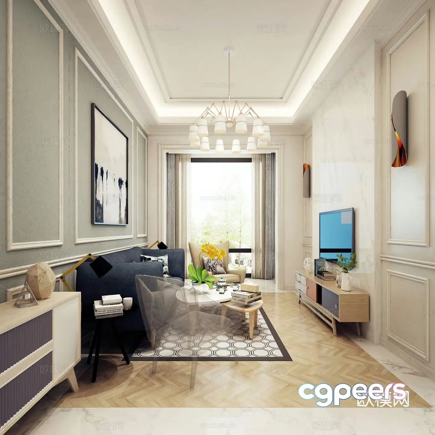 Nordic living room and dining room stairwell sofa coffee table chandeliers TV cabinet side cabinet dining table chair 3d model