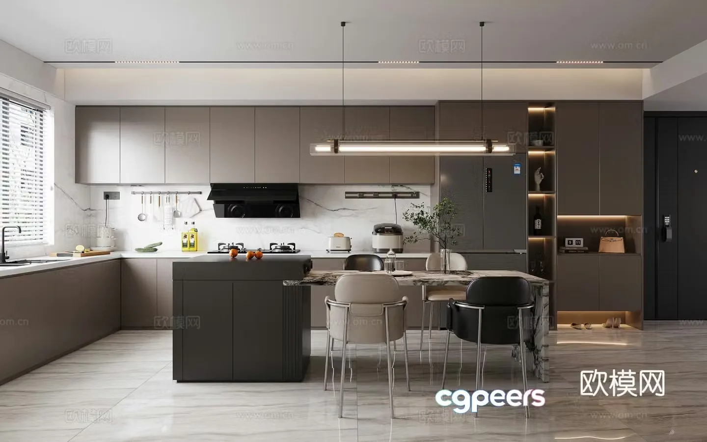 Modern island restaurant Long chandeliers Side range hood Refrigerator Security door 3D model