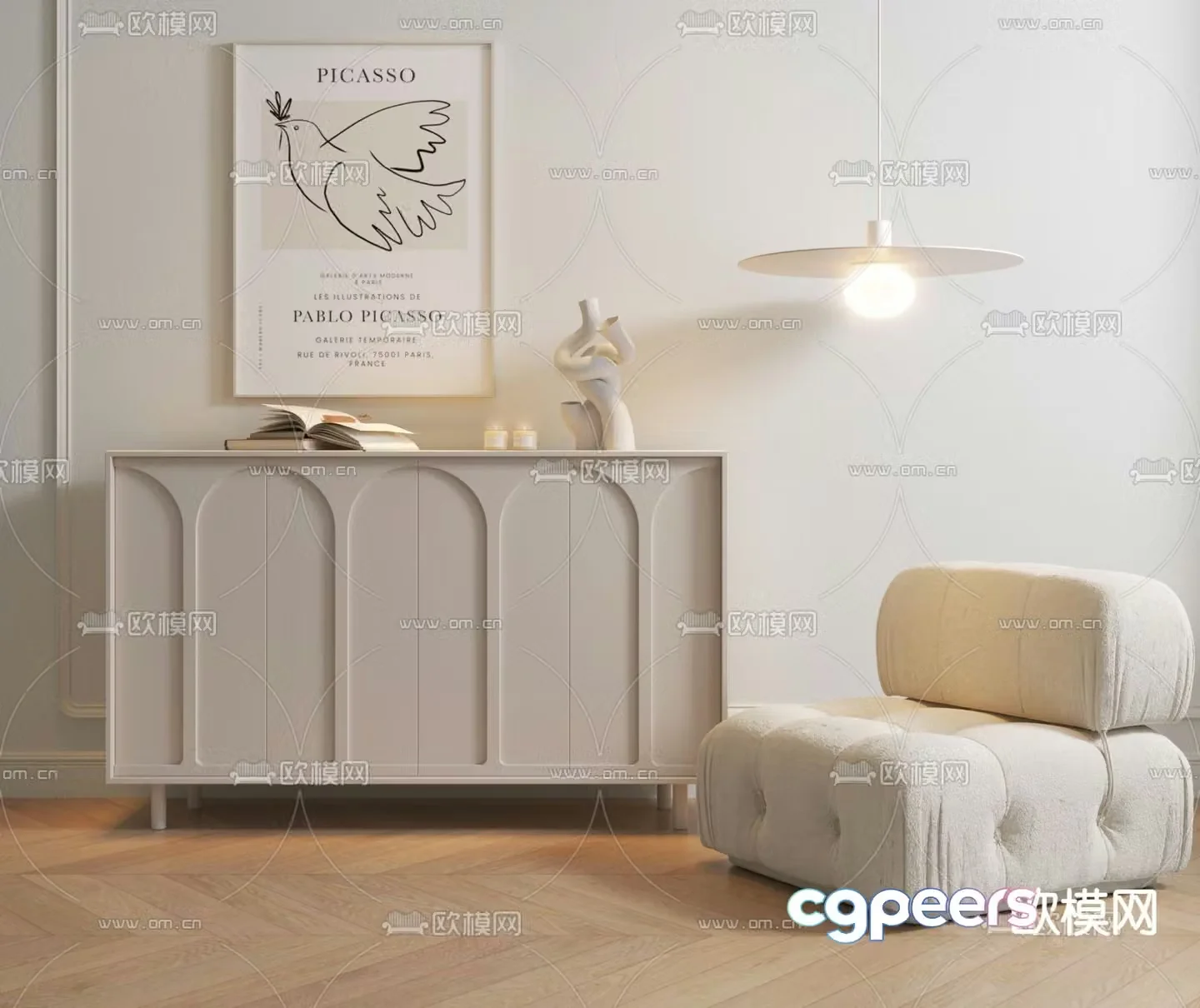 Creamy style porch cabinet side cabinet 3d model