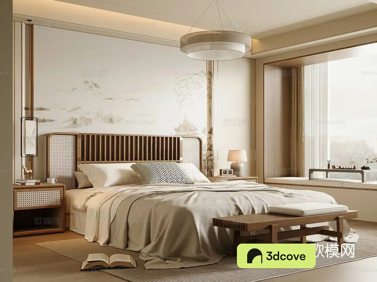 New Chinese style bedroom Song style solid wood double bed nightstand bed end stool Chinese style chandelier