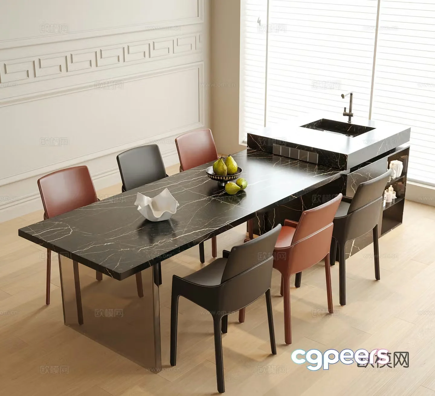 Modern dining table and chairs Island dining table and dining chair 3d model