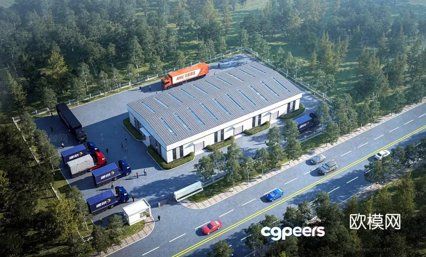 Aerial view 3d model of modern factory building