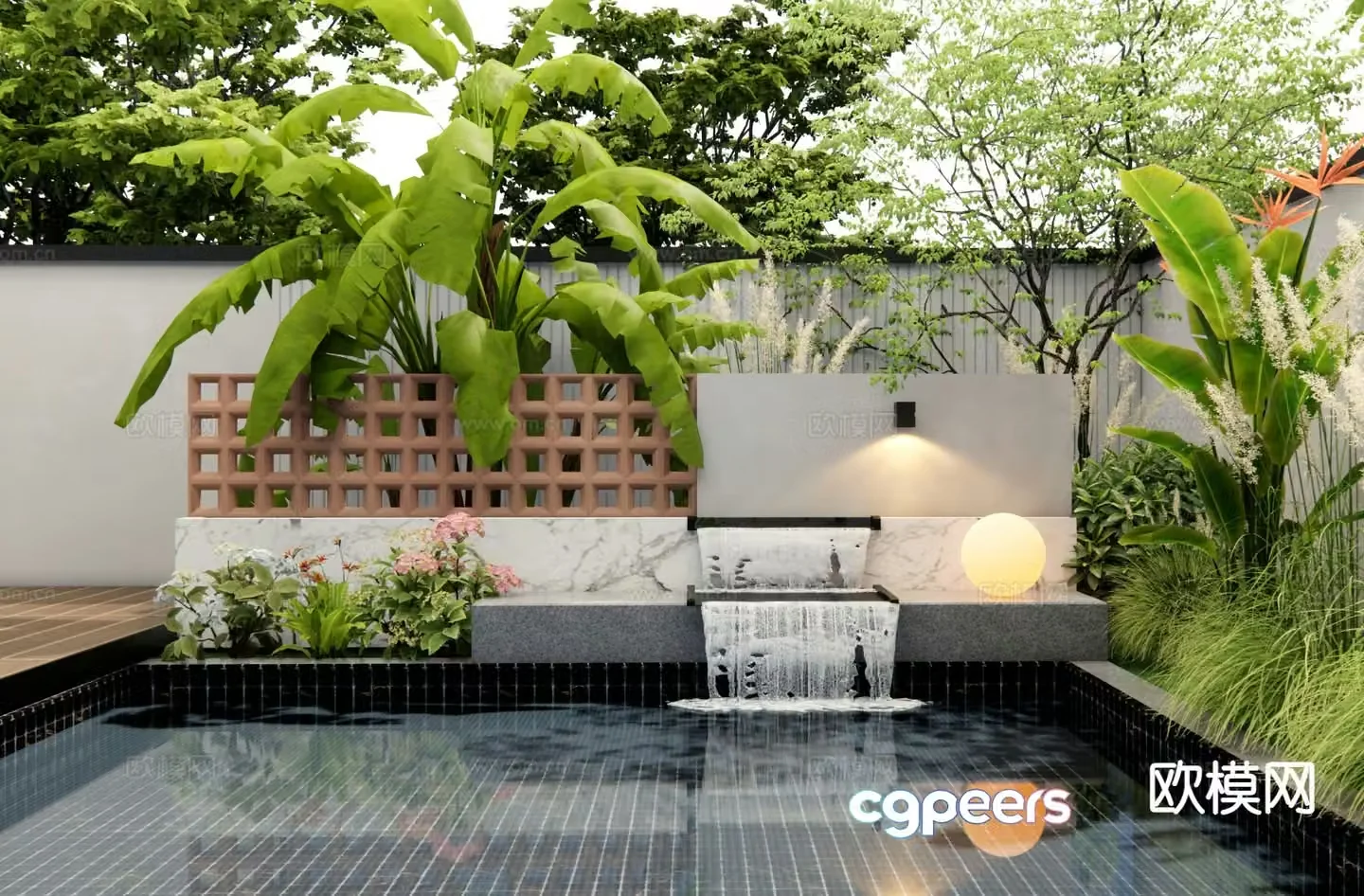 Modern courtyard water feature falling water landscape 3D model