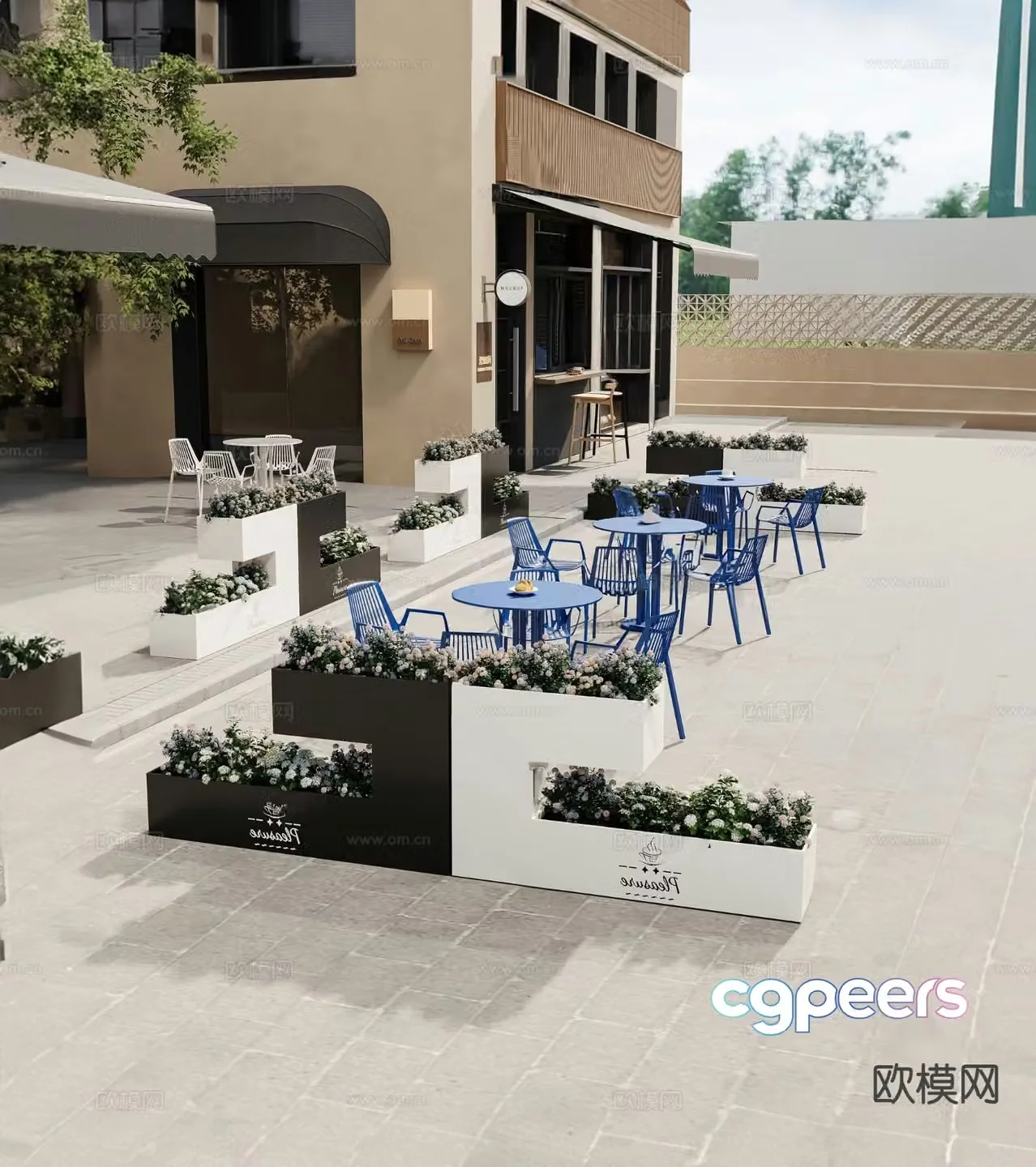 Black and white flower box flower trough outdoor table and chairs 3D model