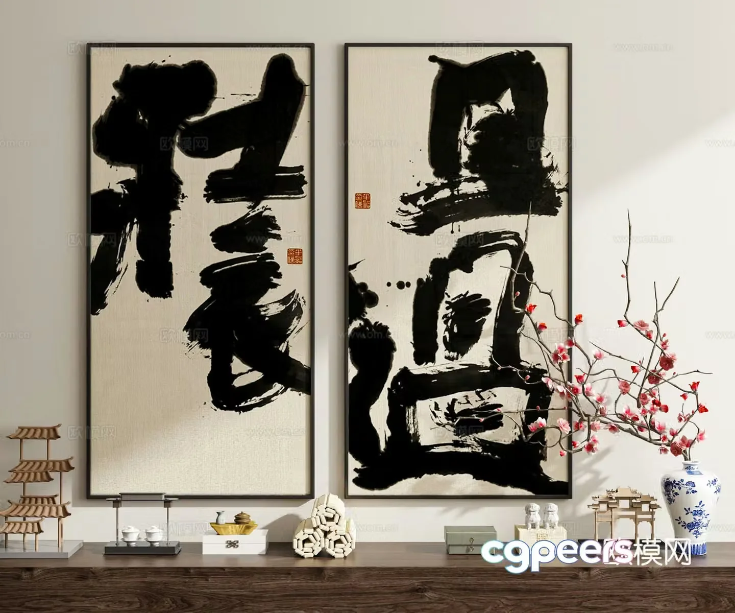 New Chinese-style artistic characters calligraphy calligraphy and painting decorations 3D models