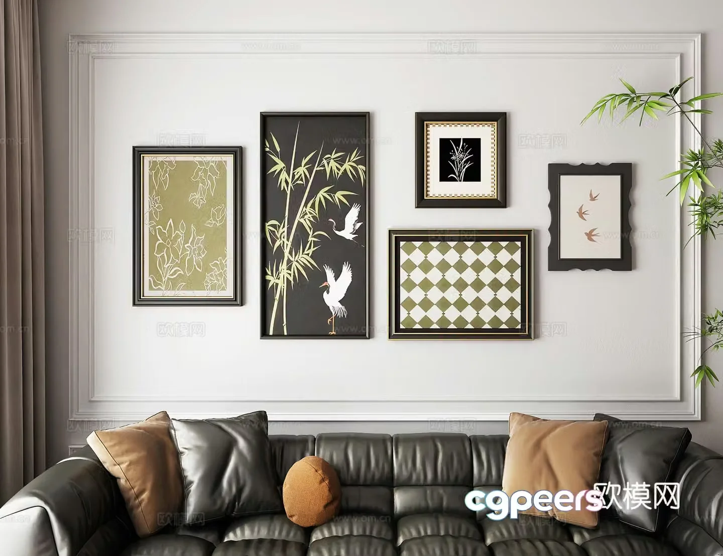 Middle-aged sofa background combination hanging painting photo wall 3d model