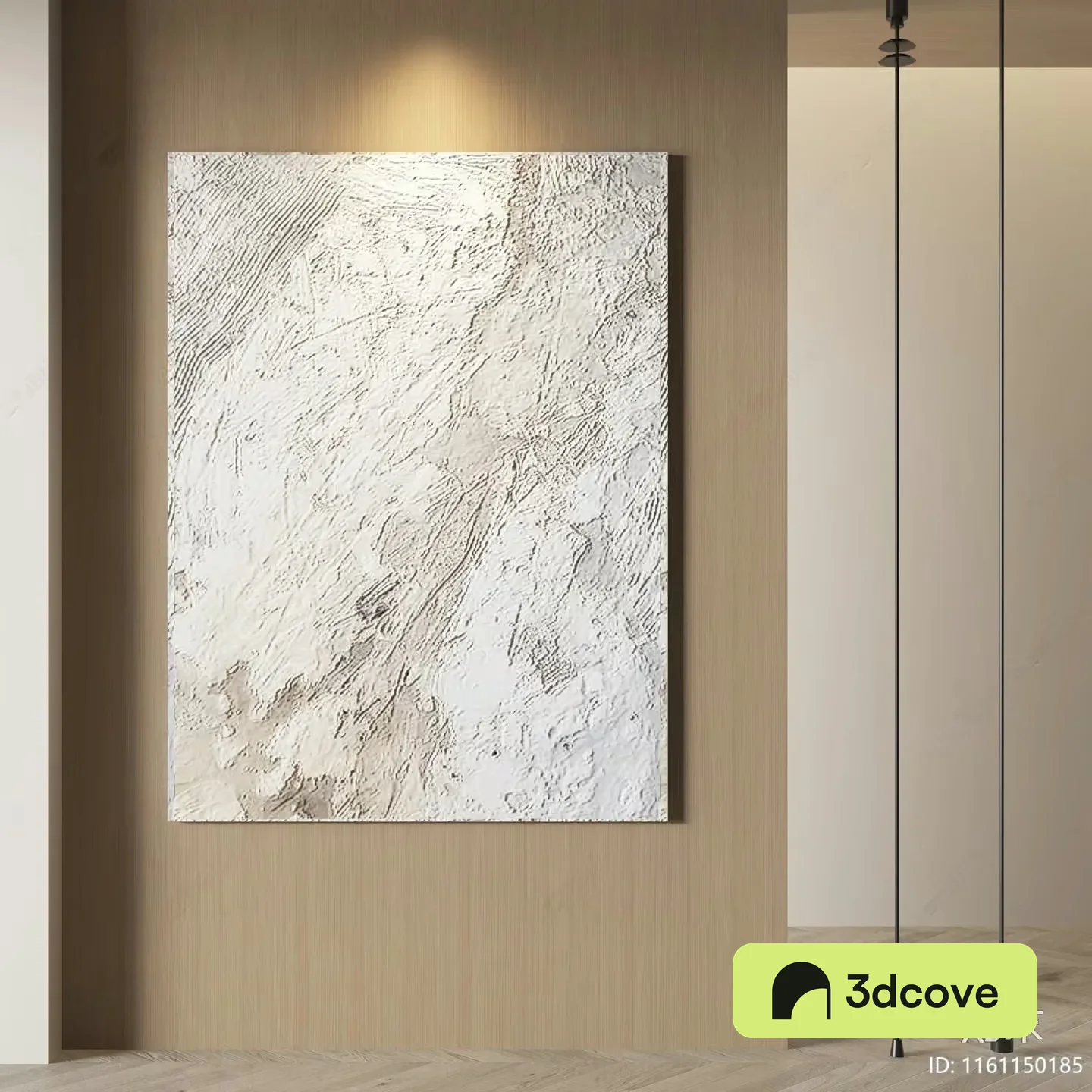 A Textured White Painting Hangs On A Wall Surrounded By A Beige And Brown